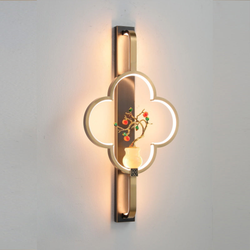 Traditionelle chinesische Kupfer Marmor Zinklegierung Blume Hirsch Flasche Kürbis LED Wandleuchte Lampe für Wohnzimmer 