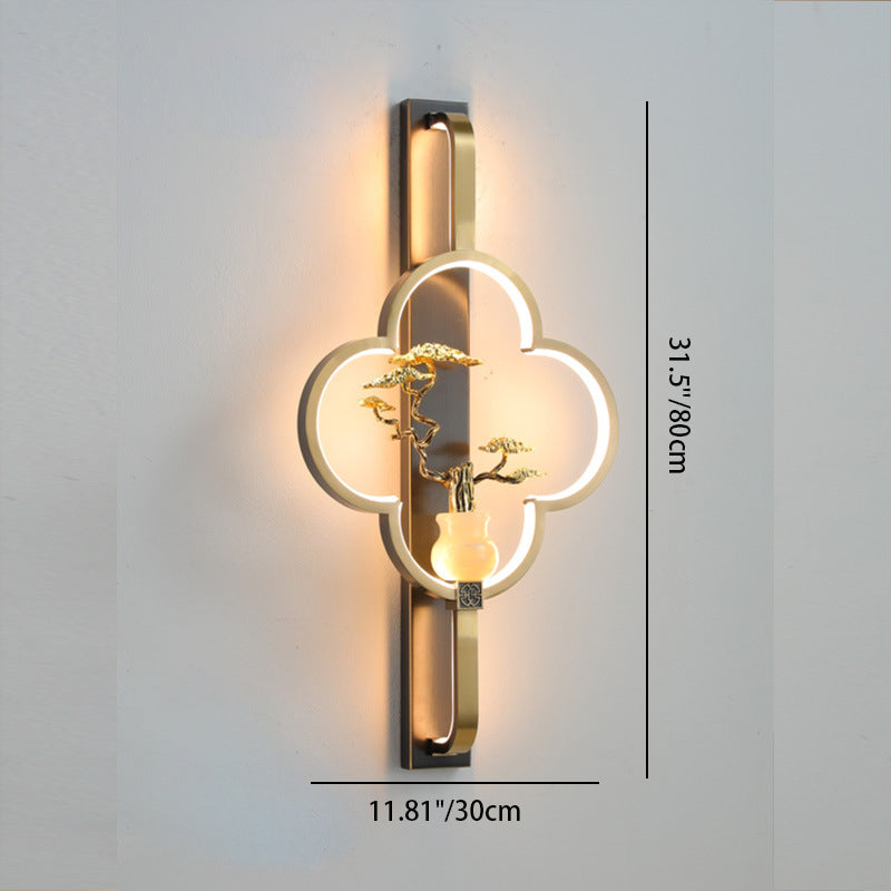 Traditionelle chinesische Kupfer Marmor Zinklegierung Blume Hirsch Flasche Kürbis LED Wandleuchte Lampe für Wohnzimmer 