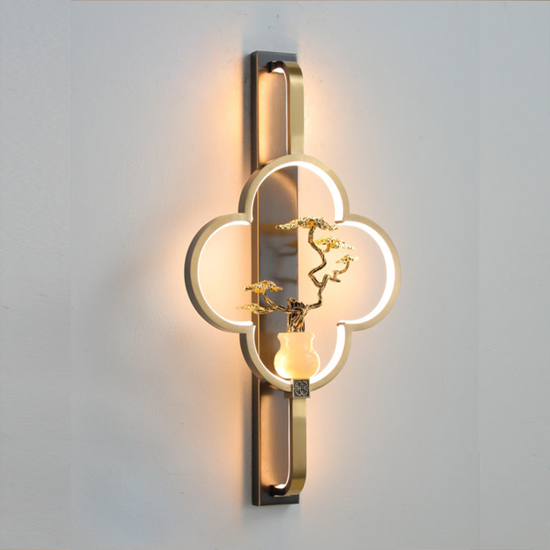 Traditionelle chinesische Kupfer Marmor Zinklegierung Blume Hirsch Flasche Kürbis LED Wandleuchte Lampe für Wohnzimmer 