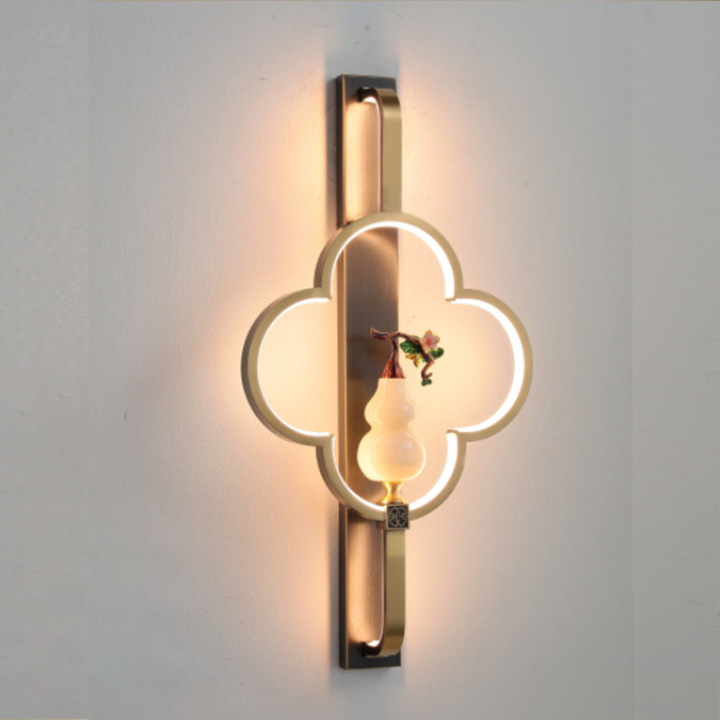 Traditionelle chinesische Kupfer Marmor Zinklegierung Blume Hirsch Flasche Kürbis LED Wandleuchte Lampe für Wohnzimmer 