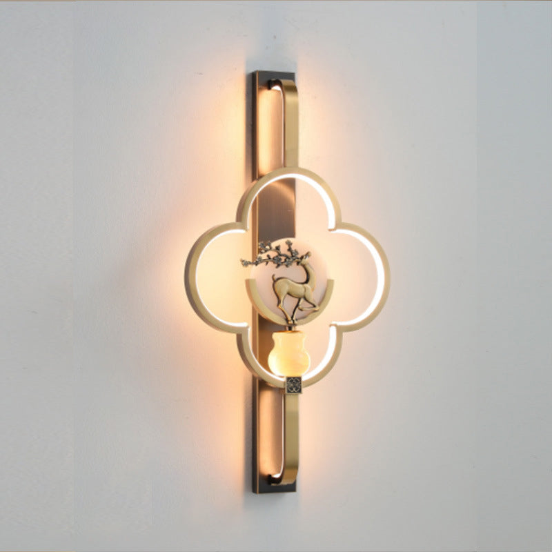 Traditionelle chinesische Kupfer Marmor Zinklegierung Blume Hirsch Flasche Kürbis LED Wandleuchte Lampe für Wohnzimmer 