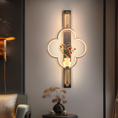 Traditionelle chinesische Kupfer Marmor Zinklegierung Blume Hirsch Flasche Kürbis LED Wandleuchte Lampe für Wohnzimmer 