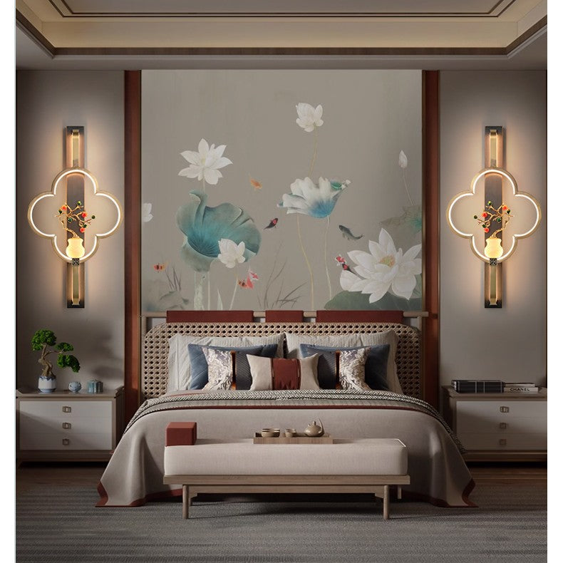 Traditionelle chinesische Kupfer Marmor Zinklegierung Blume Hirsch Flasche Kürbis LED Wandleuchte Lampe für Wohnzimmer 