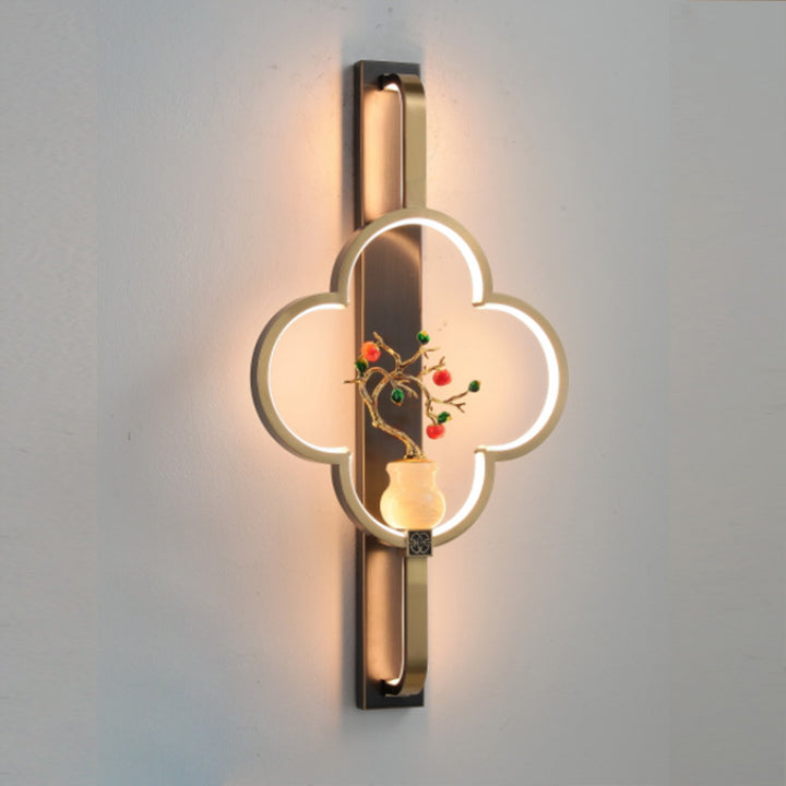 Traditionelle chinesische Kupfer Marmor Zinklegierung Blume Hirsch Flasche Kürbis LED Wandleuchte Lampe für Wohnzimmer 