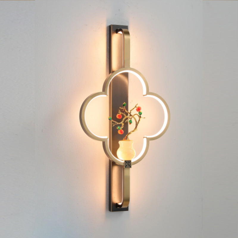 Traditionelle chinesische Kupfer Marmor Zinklegierung Blume Hirsch Flasche Kürbis LED Wandleuchte Lampe für Wohnzimmer 
