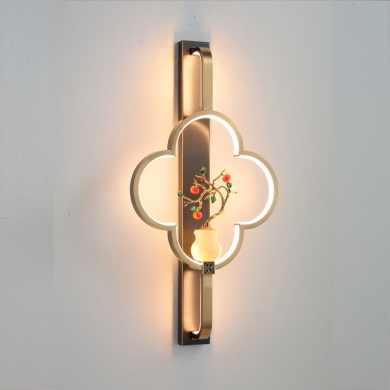 Traditionelle chinesische Kupfer Marmor Zinklegierung Blume Hirsch Flasche Kürbis LED Wandleuchte Lampe für Wohnzimmer 