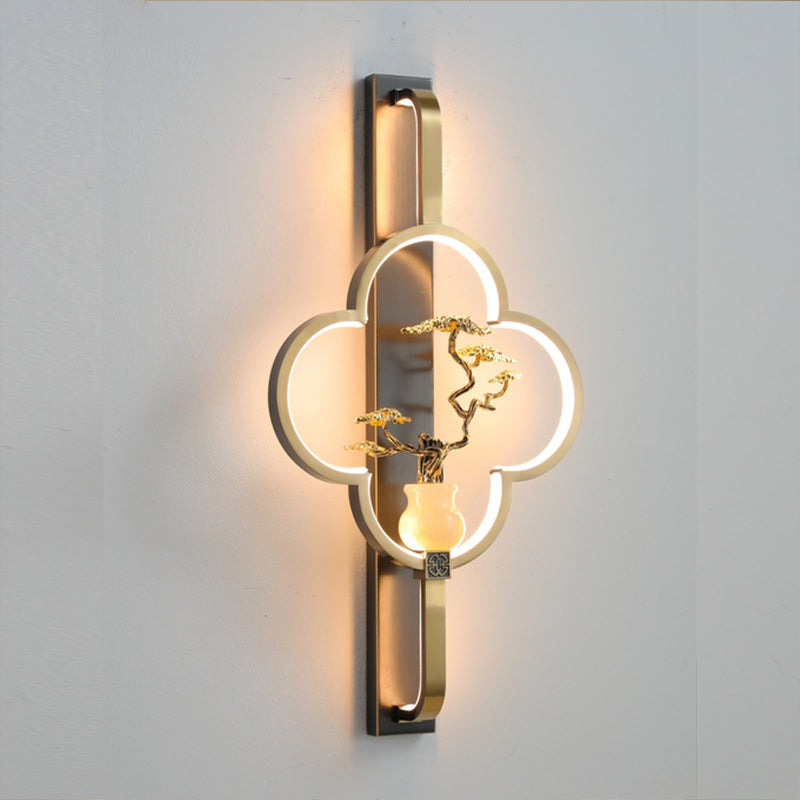Traditionelle chinesische Kupfer Marmor Zinklegierung Blume Hirsch Flasche Kürbis LED Wandleuchte Lampe für Wohnzimmer 