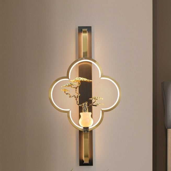 Traditionelle chinesische Kupfer Marmor Zinklegierung Blume Hirsch Flasche Kürbis LED Wandleuchte Lampe für Wohnzimmer 