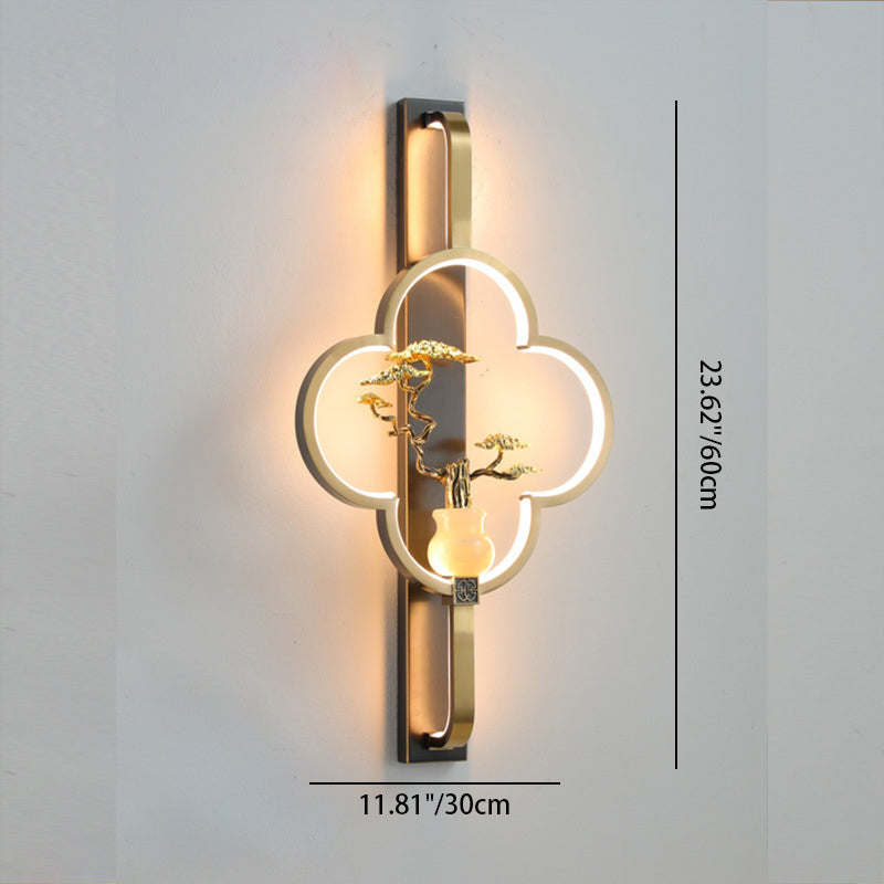 Traditionelle chinesische Kupfer Marmor Zinklegierung Blume Hirsch Flasche Kürbis LED Wandleuchte Lampe für Wohnzimmer 