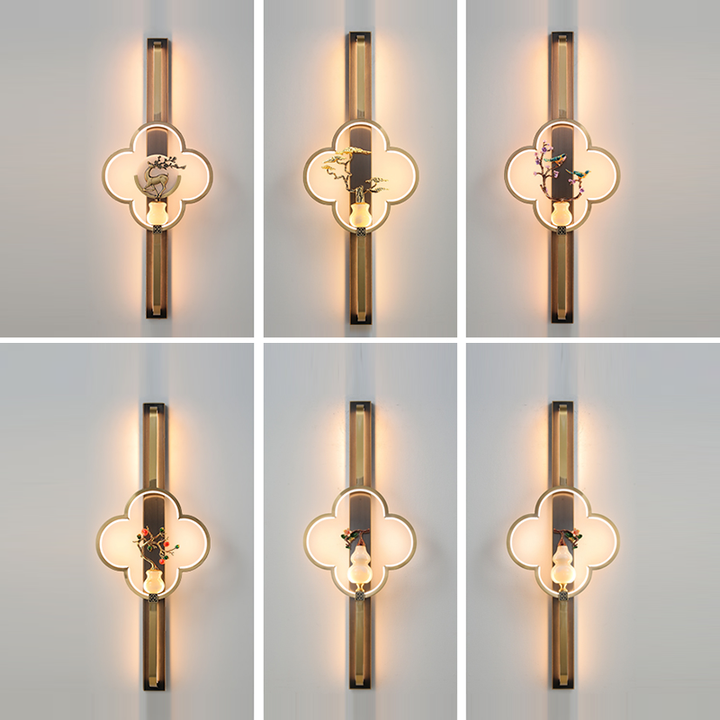 Traditionelle chinesische Kupfer Marmor Zinklegierung Blume Hirsch Flasche Kürbis LED Wandleuchte Lampe für Wohnzimmer 