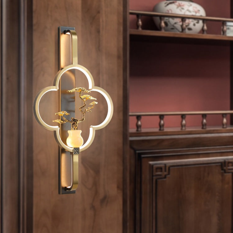 Traditionelle chinesische Kupfer Marmor Zinklegierung Blume Hirsch Flasche Kürbis LED Wandleuchte Lampe für Wohnzimmer 
