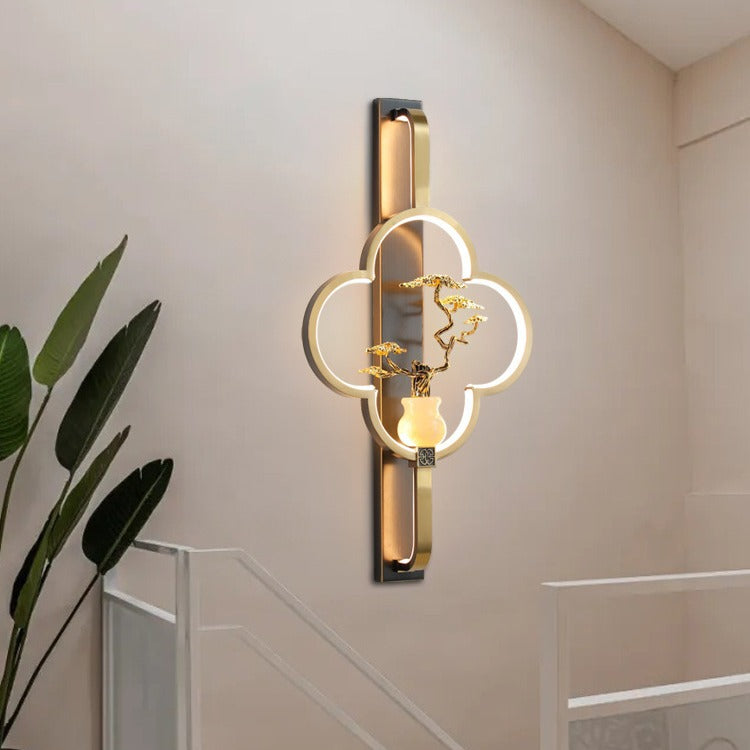 Traditionelle chinesische Kupfer Marmor Zinklegierung Blume Hirsch Flasche Kürbis LED Wandleuchte Lampe für Wohnzimmer 