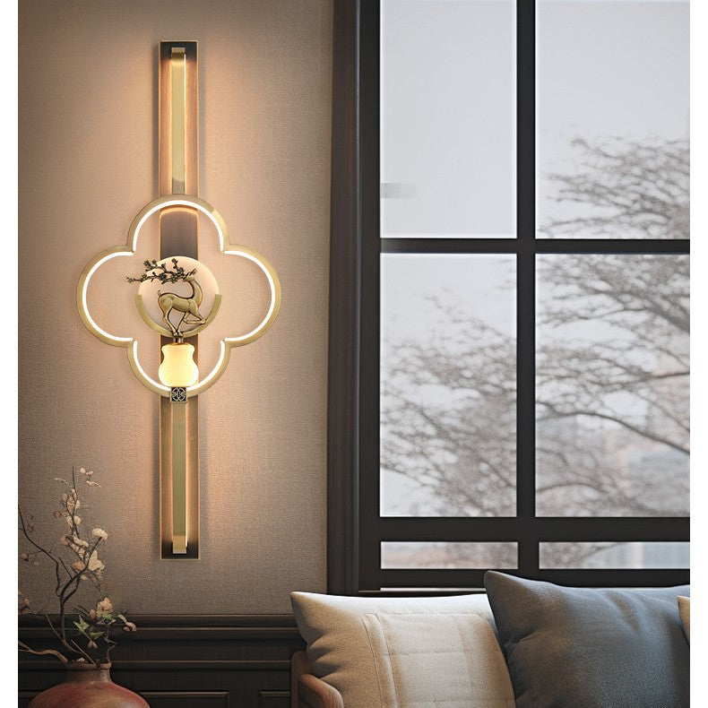 Traditionelle chinesische Kupfer Marmor Zinklegierung Blume Hirsch Flasche Kürbis LED Wandleuchte Lampe für Wohnzimmer 