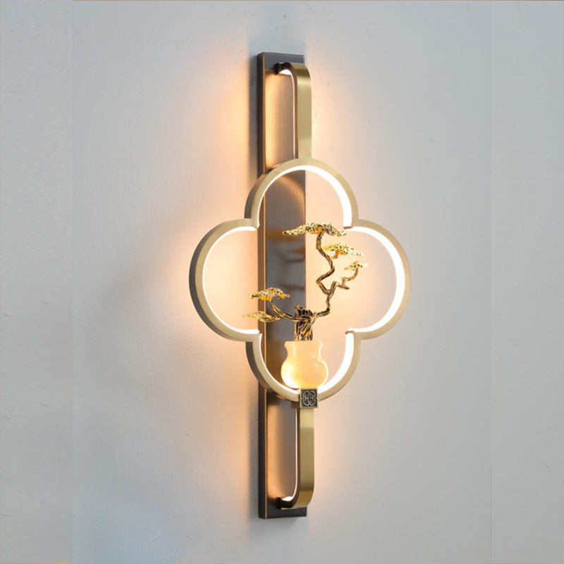 Traditionelle chinesische Kupfer Marmor Zinklegierung Blume Hirsch Flasche Kürbis LED Wandleuchte Lampe für Wohnzimmer 