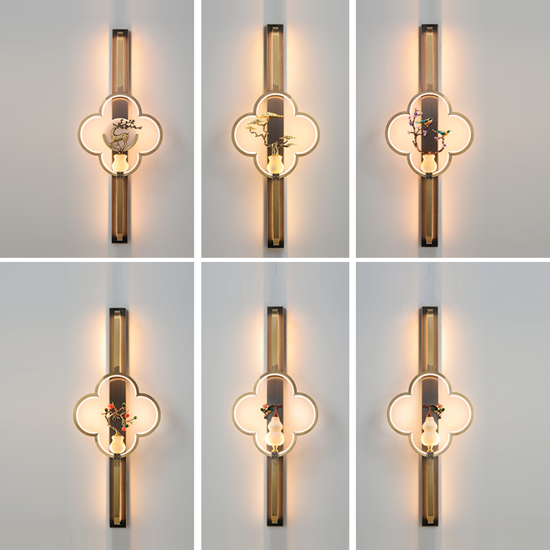Traditionelle chinesische Kupfer Marmor Zinklegierung Blume Hirsch Flasche Kürbis LED Wandleuchte Lampe für Wohnzimmer 