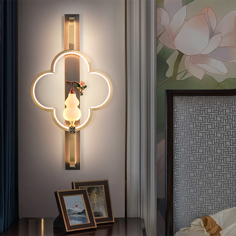 Traditionelle chinesische Kupfer Marmor Zinklegierung Blume Hirsch Flasche Kürbis LED Wandleuchte Lampe für Wohnzimmer 