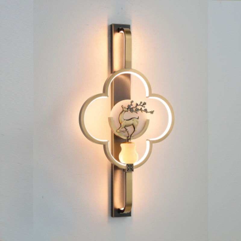Traditionelle chinesische Kupfer Marmor Zinklegierung Blume Hirsch Flasche Kürbis LED Wandleuchte Lampe für Wohnzimmer 