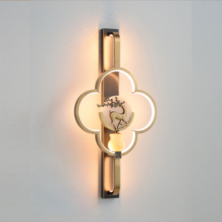 Traditionelle chinesische Kupfer Marmor Zinklegierung Blume Hirsch Flasche Kürbis LED Wandleuchte Lampe für Wohnzimmer 