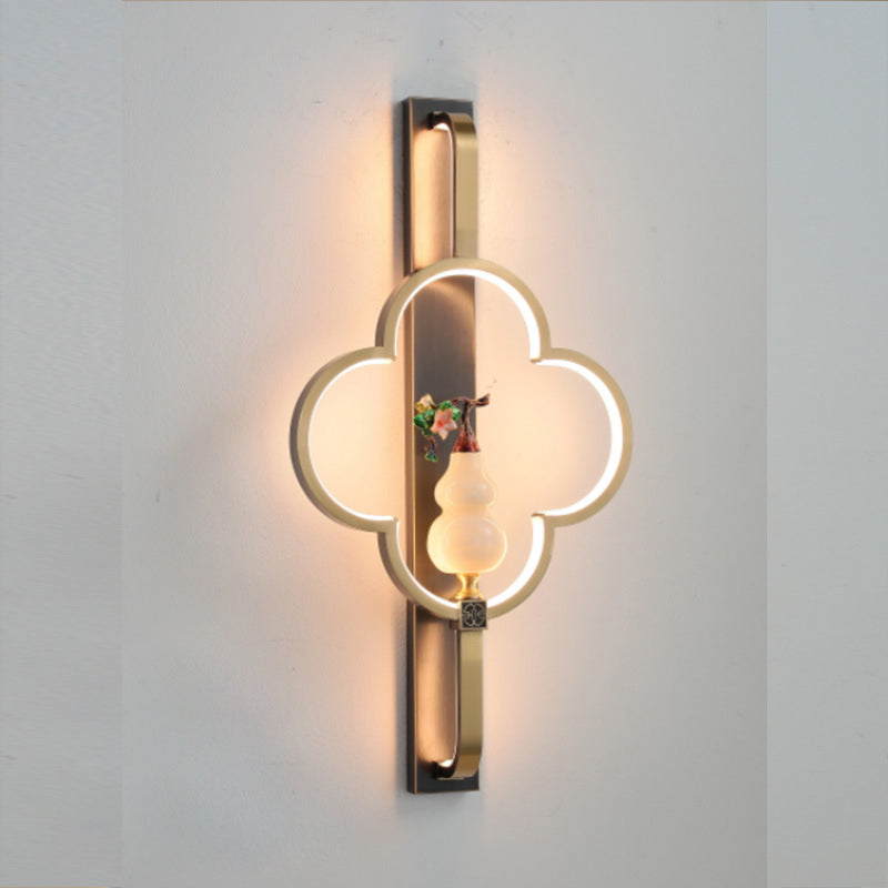 Traditionelle chinesische Kupfer Marmor Zinklegierung Blume Hirsch Flasche Kürbis LED Wandleuchte Lampe für Wohnzimmer 