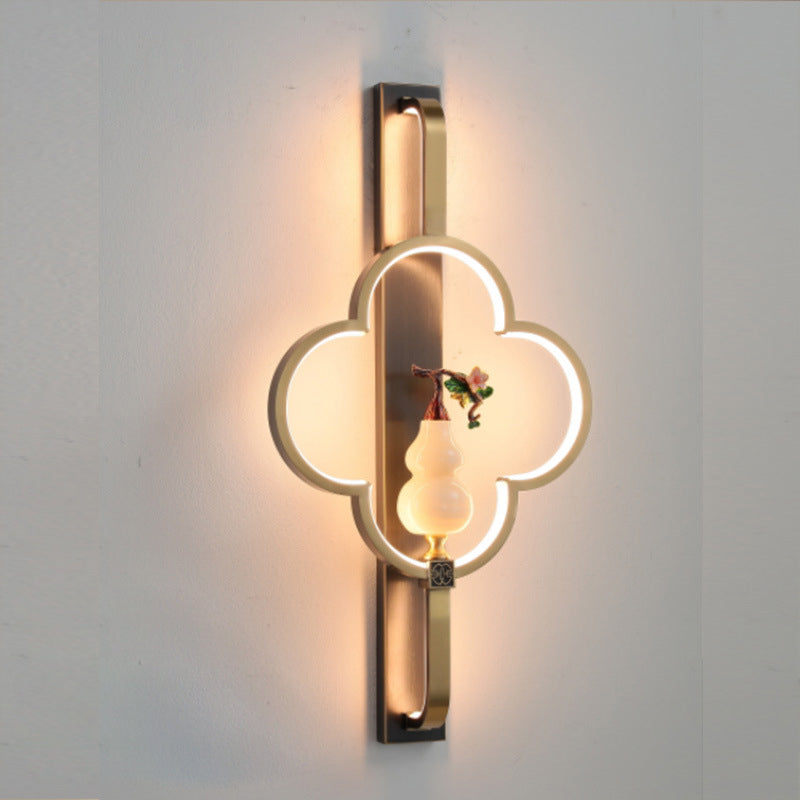 Traditionelle chinesische Kupfer Marmor Zinklegierung Blume Hirsch Flasche Kürbis LED Wandleuchte Lampe für Wohnzimmer 