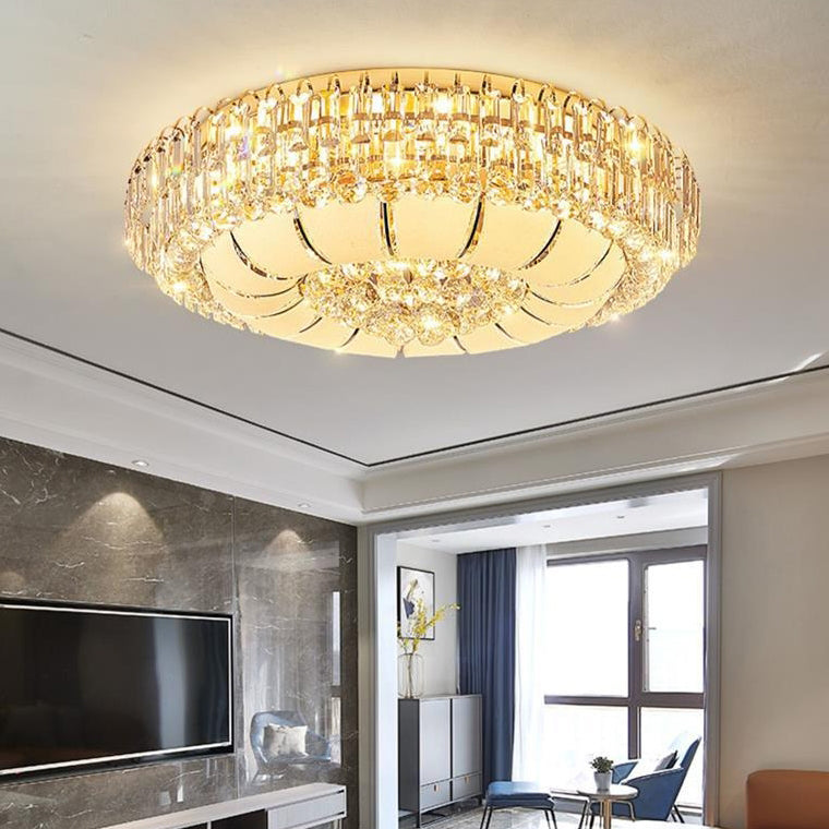 Lustre de plafond moderne en cristal de verre et métal rond avec diamants 12/18/24/37 lumières pour salon 