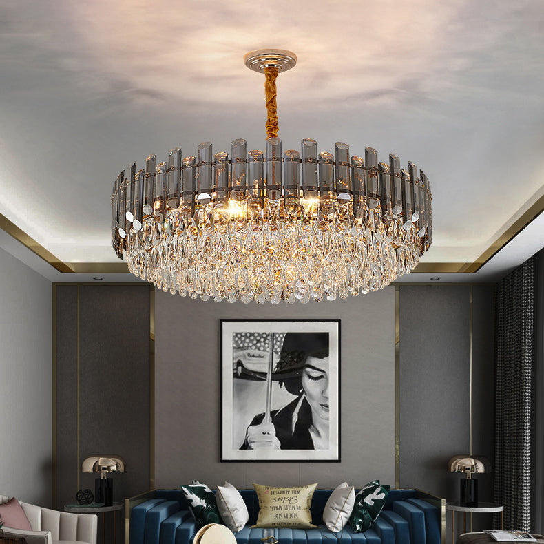 Lujoso moderno de hierro con tiras de cristal redondas elípticas candelabros de 6/8/9/15/20 luces para sala de estar 