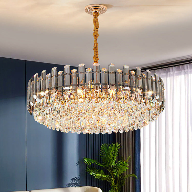 Lujoso moderno de hierro con tiras de cristal redondas elípticas candelabros de 6/8/9/15/20 luces para sala de estar 