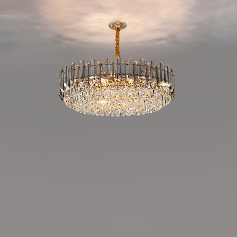 Lujoso moderno de hierro con tiras de cristal redondas elípticas candelabros de 6/8/9/15/20 luces para sala de estar 