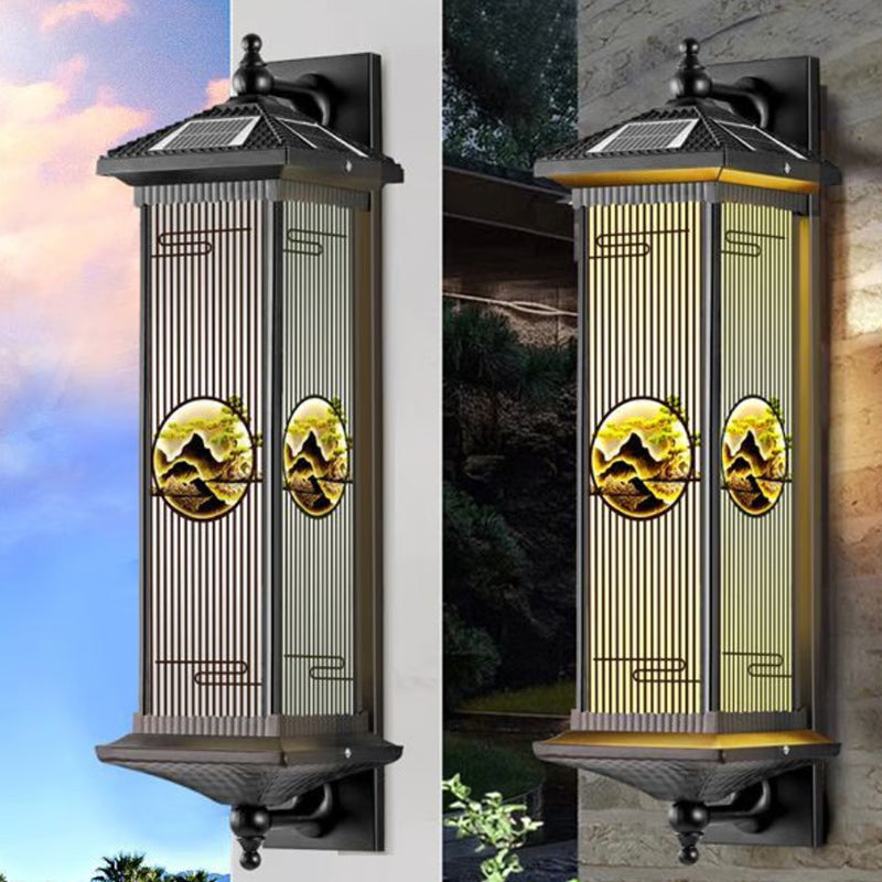 Applique murale LED en forme de cylindre en aluminium et verre imperméable solaire chinois traditionnel pour patio extérieur 