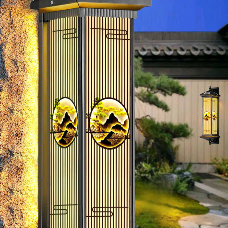 Applique murale LED en forme de cylindre en aluminium et verre imperméable solaire chinois traditionnel pour patio extérieur 