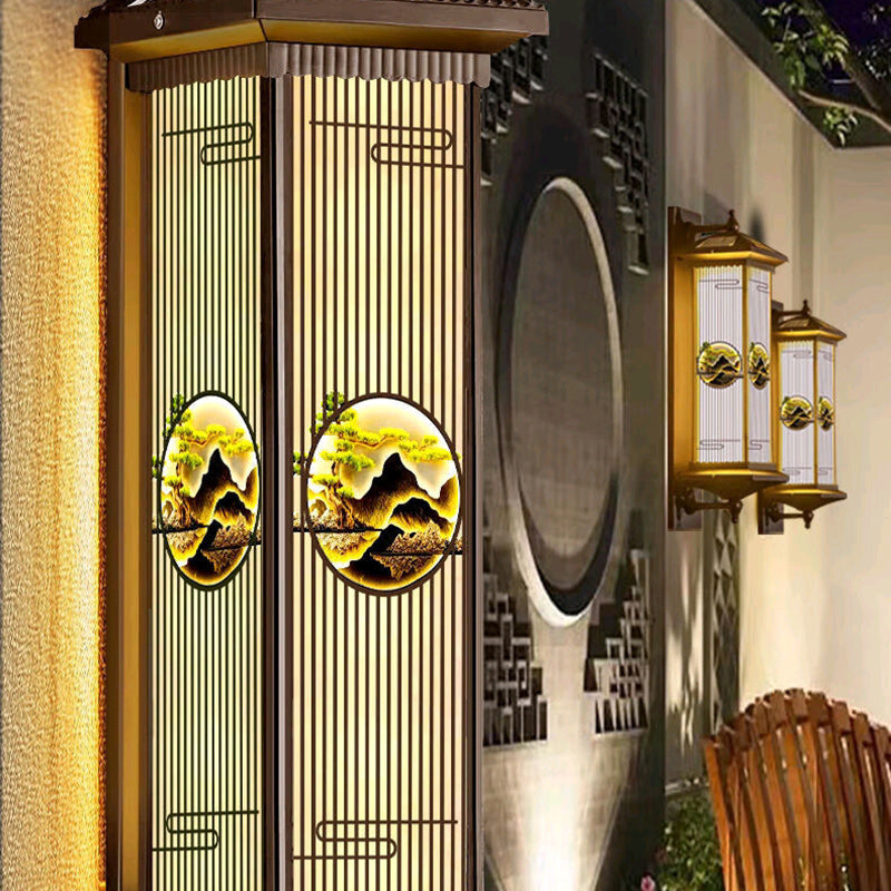 Applique murale LED en forme de cylindre en aluminium et verre imperméable solaire chinois traditionnel pour patio extérieur 
