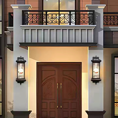 Applique murale LED en forme de cylindre en aluminium et verre imperméable solaire chinois traditionnel pour patio extérieur 