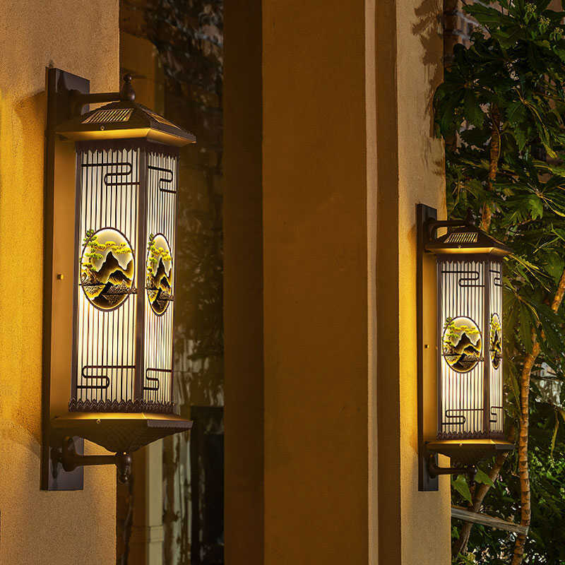 Applique murale LED en forme de cylindre en aluminium et verre imperméable solaire chinois traditionnel pour patio extérieur 