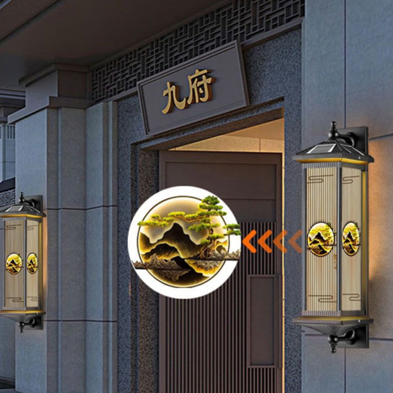 Applique murale LED en forme de cylindre en aluminium et verre imperméable solaire chinois traditionnel pour patio extérieur 