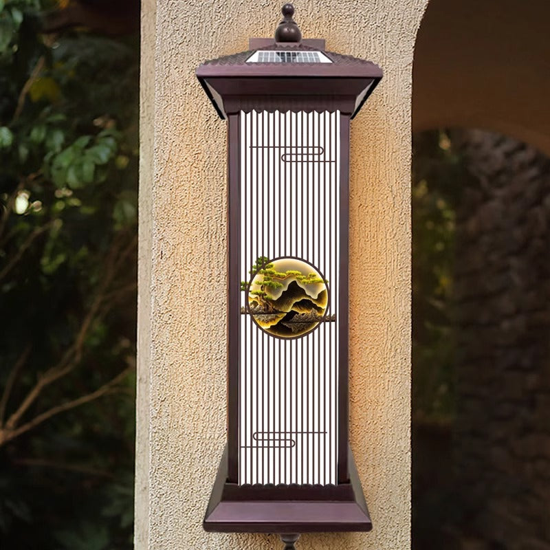 Applique murale LED en forme de cylindre en aluminium et verre imperméable solaire chinois traditionnel pour patio extérieur 