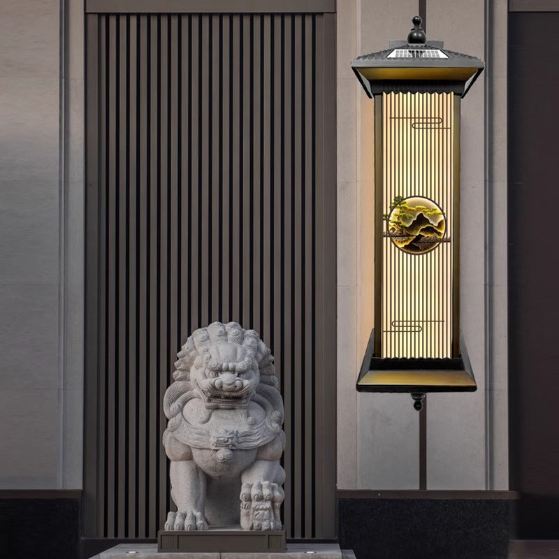 Applique murale LED en forme de cylindre en aluminium et verre imperméable solaire chinois traditionnel pour patio extérieur 
