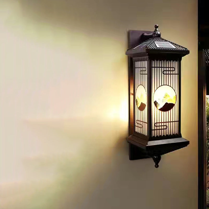 Applique murale LED en forme de cylindre en aluminium et verre imperméable solaire chinois traditionnel pour patio extérieur 