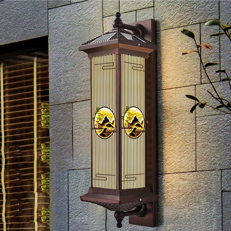 Applique murale LED en forme de cylindre en aluminium et verre imperméable solaire chinois traditionnel pour patio extérieur 