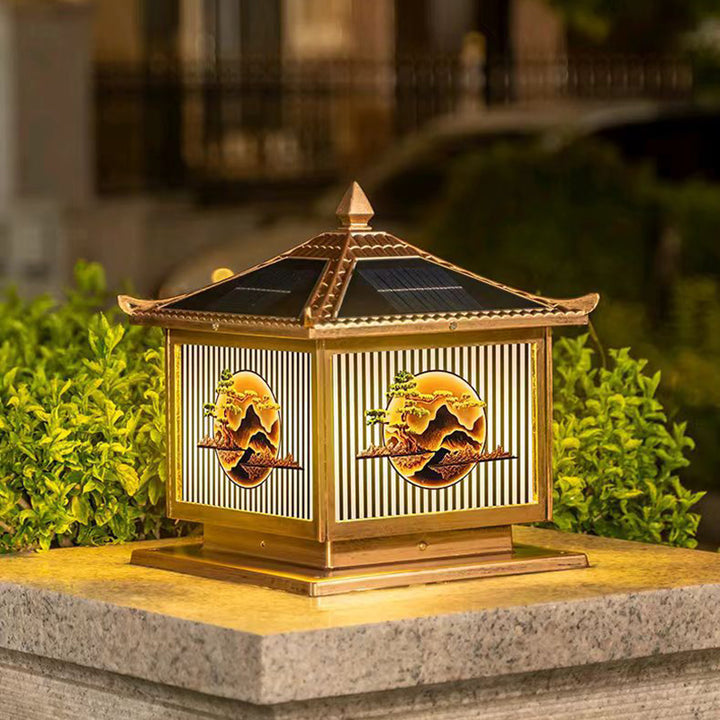 Luz de Paisaje LED Cilíndrica Cuadrada de Pino con Vidrio de PC de Aluminio Impermeable Solar Tradicional China para Exteriores para Patio Exterior 