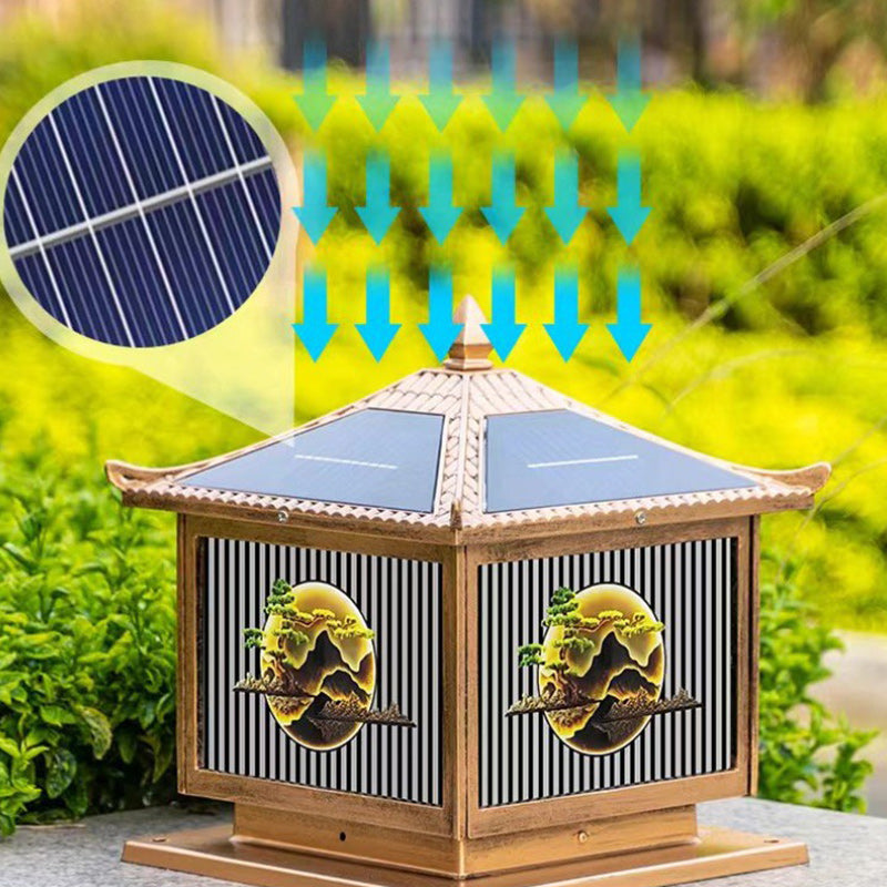 إضاءة المناظر الطبيعية LED على شكل أسطوانة مربعة من الألومنيوم والزجاج PC المضاد للماء بالطاقة الشمسية الصينية التقليدية لشجرة الصنوبر للضوء الخارجي لفناء الهواء الطلق 