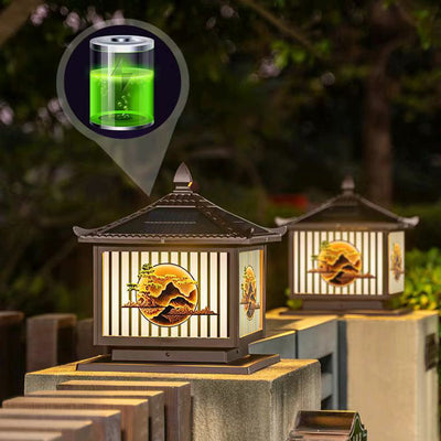 إضاءة المناظر الطبيعية LED على شكل أسطوانة مربعة من الألومنيوم والزجاج PC المضاد للماء بالطاقة الشمسية الصينية التقليدية لشجرة الصنوبر للضوء الخارجي لفناء الهواء الطلق 