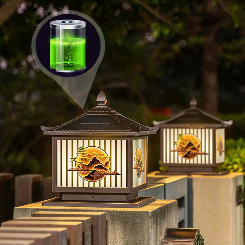 إضاءة المناظر الطبيعية LED على شكل أسطوانة مربعة من الألومنيوم والزجاج PC المضاد للماء بالطاقة الشمسية الصينية التقليدية لشجرة الصنوبر للضوء الخارجي لفناء الهواء الطلق 