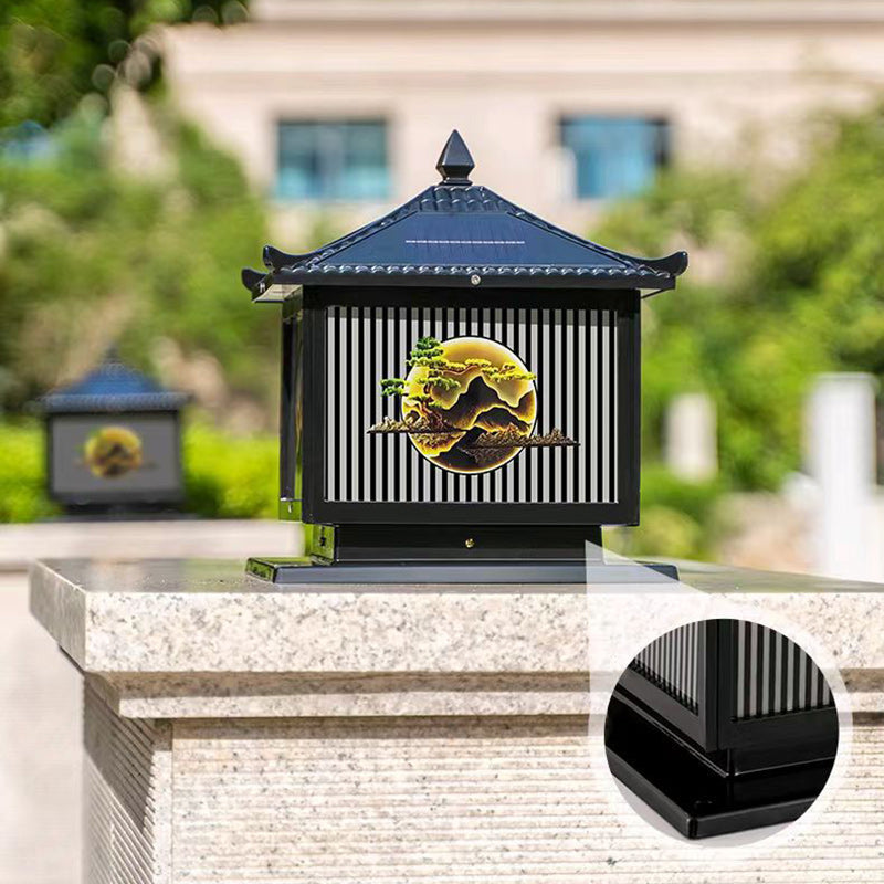 إضاءة المناظر الطبيعية LED على شكل أسطوانة مربعة من الألومنيوم والزجاج PC المضاد للماء بالطاقة الشمسية الصينية التقليدية لشجرة الصنوبر للضوء الخارجي لفناء الهواء الطلق 