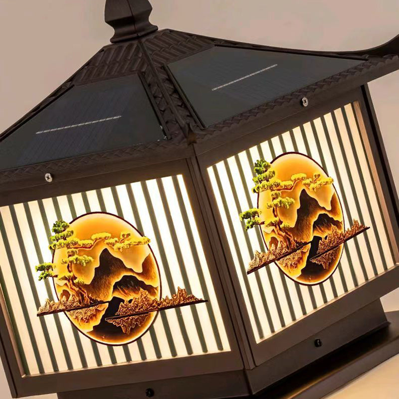 إضاءة المناظر الطبيعية LED على شكل أسطوانة مربعة من الألومنيوم والزجاج PC المضاد للماء بالطاقة الشمسية الصينية التقليدية لشجرة الصنوبر للضوء الخارجي لفناء الهواء الطلق 