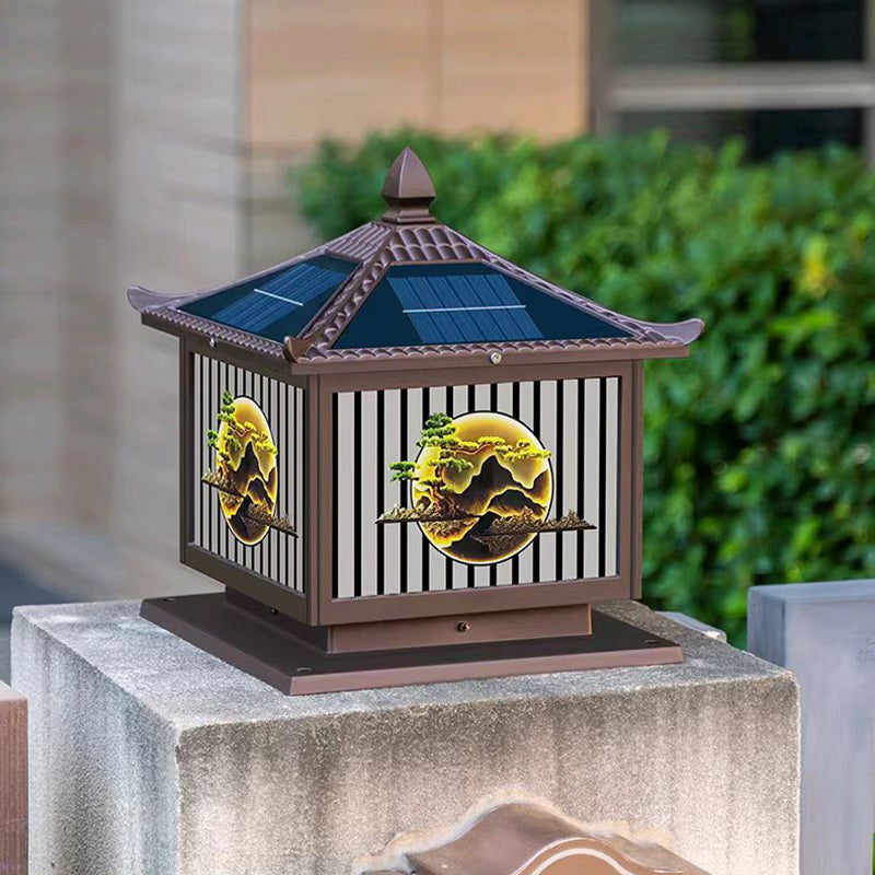إضاءة المناظر الطبيعية LED على شكل أسطوانة مربعة من الألومنيوم والزجاج PC المضاد للماء بالطاقة الشمسية الصينية التقليدية لشجرة الصنوبر للضوء الخارجي لفناء الهواء الطلق 