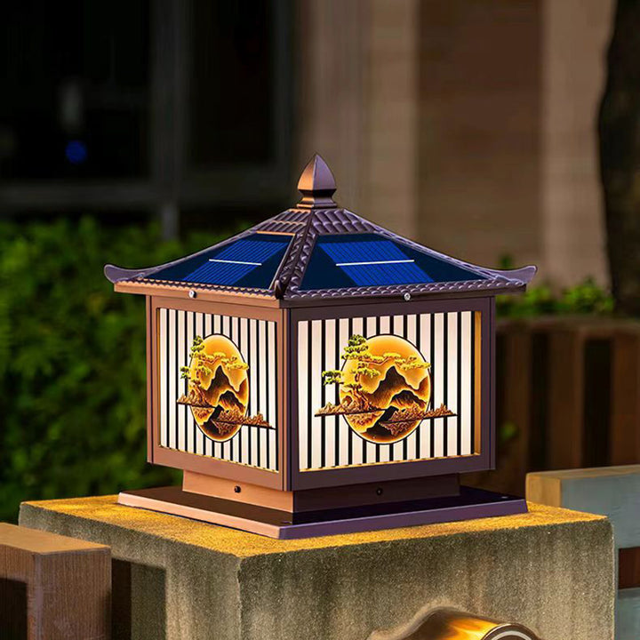 Luz de Paisaje LED Cilíndrica Cuadrada de Pino con Vidrio de PC de Aluminio Impermeable Solar Tradicional China para Exteriores para Patio Exterior 