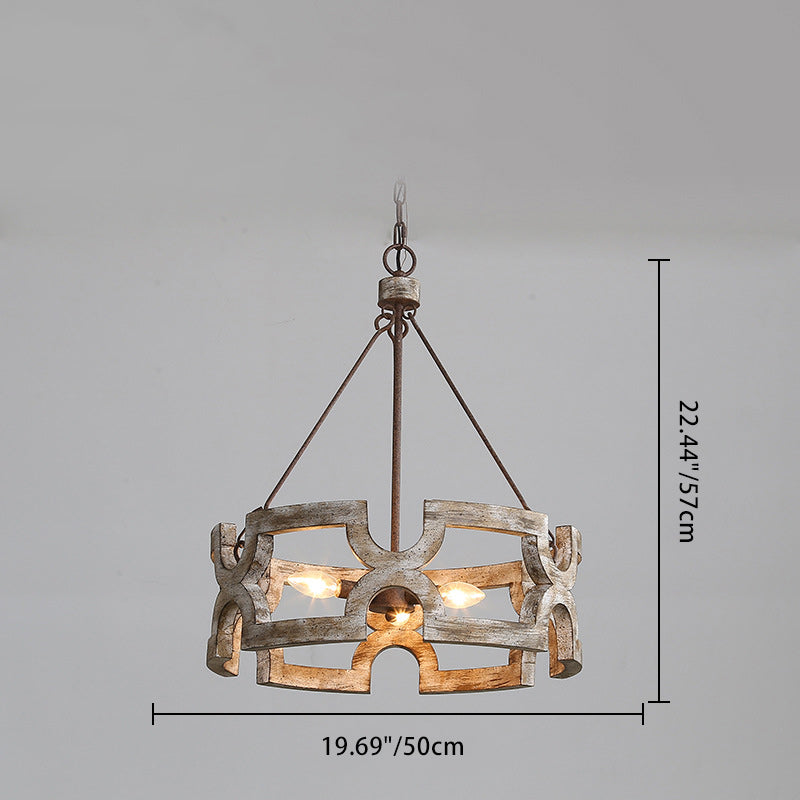 Lustres Traditionnels Vintage en Bois Massif et Fer Rond Creux à 3 Lumières pour Salle à Manger 