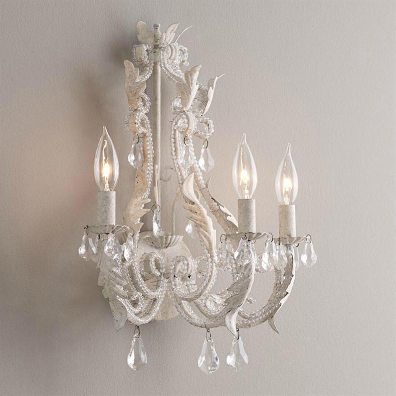 Candelabro de hierro tradicional francés con cristal, lámpara de pared de 3 luces para mesita de noche 
