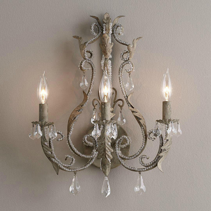 Applique murale à 3 lumières avec bougeoir en cristal de fer traditionnel français pour chevet 
