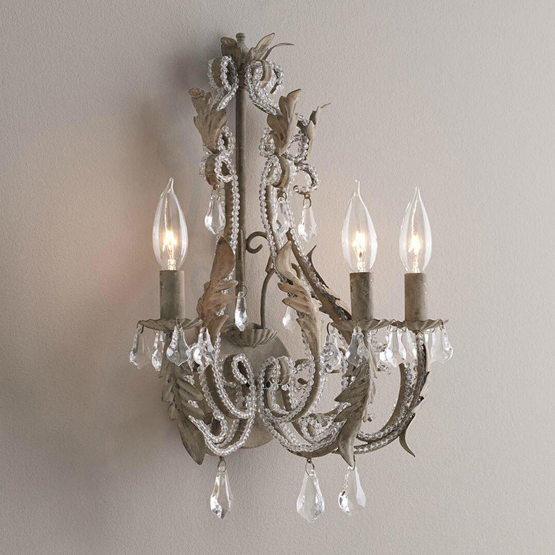 Candelabro de hierro tradicional francés con cristal, lámpara de pared de 3 luces para mesita de noche 